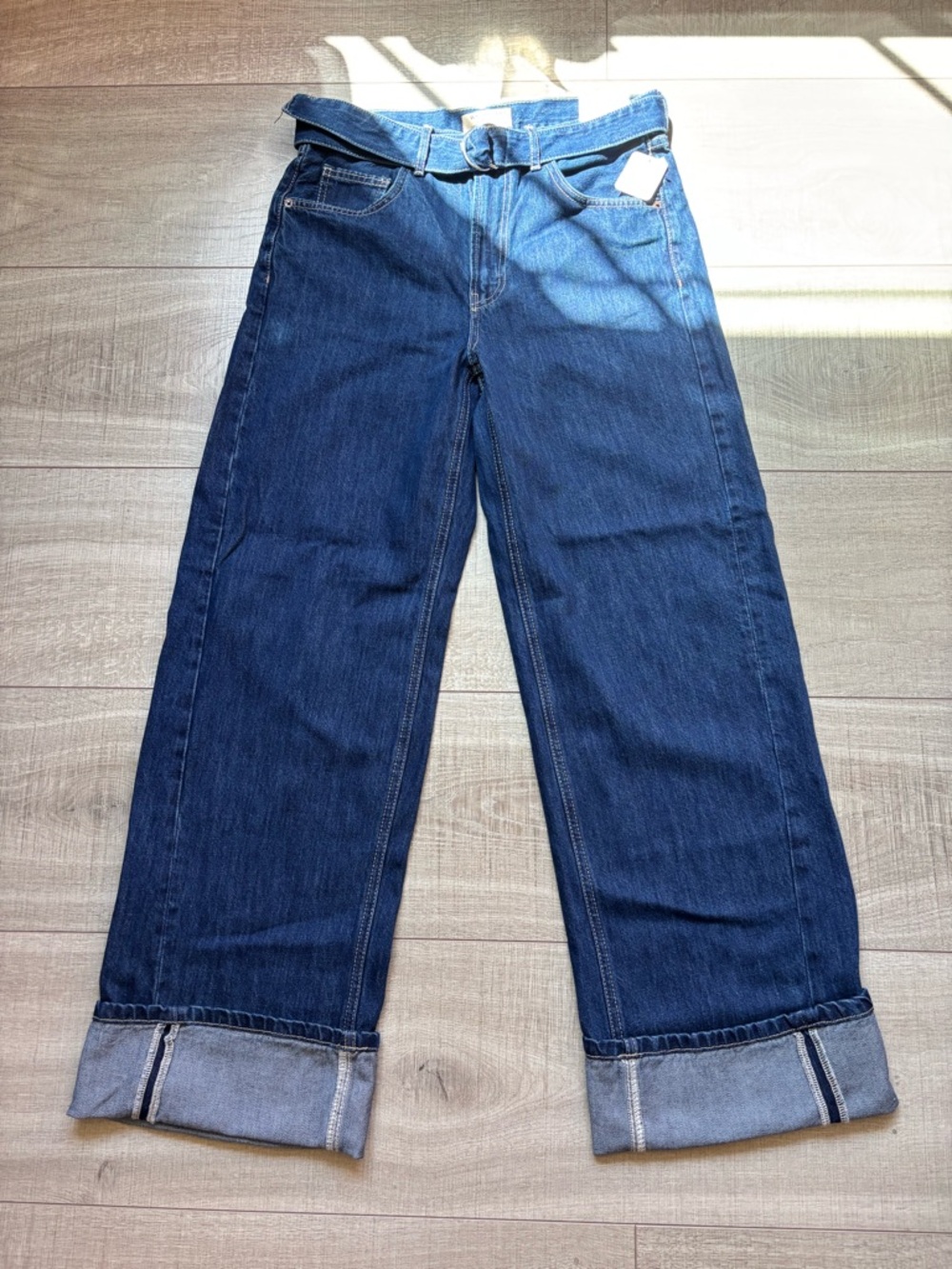 Free People Dark Blue Wide Leg Cuffed Jeans with Belt